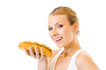 Woman with sandwich, isolated on white