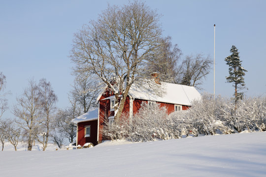cottage, farm in winter sweden