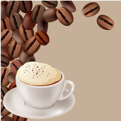Cup of hot cappuccino on beige background with coffee beans