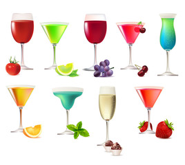 Nine party drinks isolated on white background
