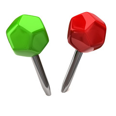 Green and red Pushpins on a white background