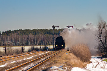 Vintage steam train passing through countryside