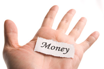 Money word in hand
