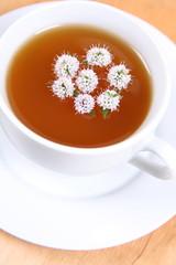 Cup of green tea with flowers of peppermint floating in it