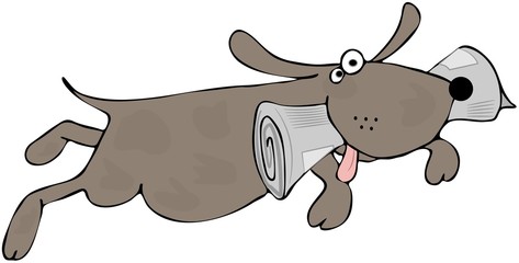 Happy Dog With A Newspaper In Its Mouth