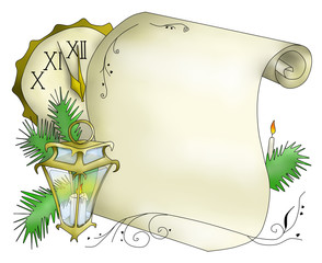 Christmas background with clock, candle lantern and old paper
