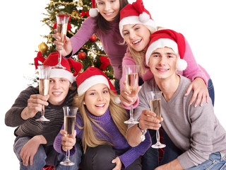 Group young people in santa hat. Isolated.