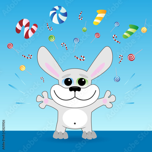 "Christmas Rabbit throwing up colorful candies" Stock image and royaltyfree vector files on