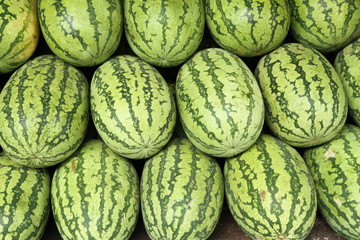 watermelons arranged on street stall, India