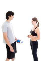 Asian Man White Woman Talking Working Out Gear Isolated