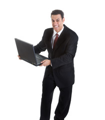 Angry Businessman Throwing Holding Laptop Isolated Background