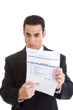 Caucasian Man Pointing At Past Due Medical Bill, Suit, Isolated