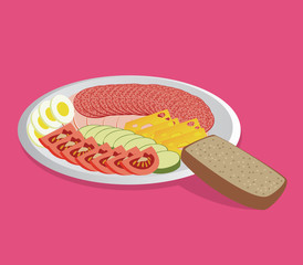 tasty breakfast - salami, tomato, cheese, bread, egg etc