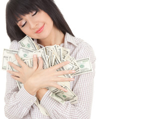 Young business woman with pile of money