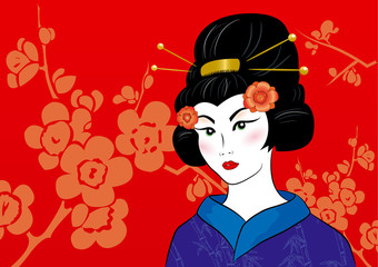 Beautiful geisha in a kimono on a red floral background