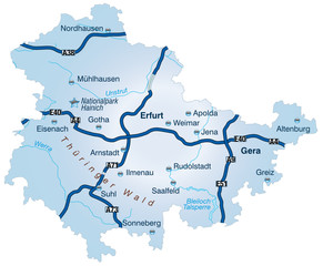 Th&uuml;ringen &Uuml;bersicht  mit Autobahnen und Kreisst&auml;dten