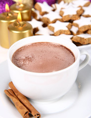 Cup of hot chocolate with cinnamon and christmas cookies