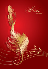 Golden treble clef in the form of the bird's feather on the red - 28242192