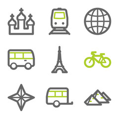 Travel web icons set 2, green and gray contour series