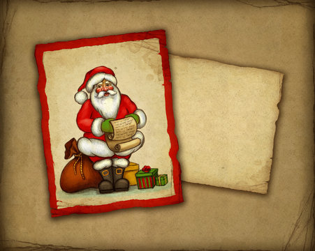 Christmas greeting card with illustration of Santa Claus