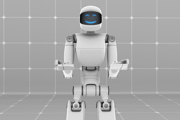 White futuristic robot holding something. Happy smiling face