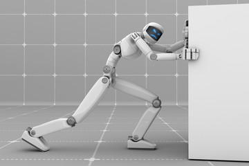 Futuristic robot pushes a white block. Unhappy face