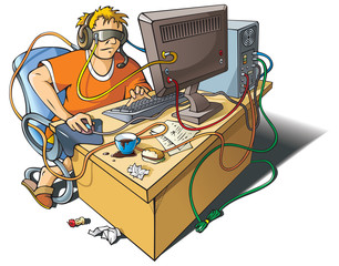Computer addiction, boy immersed in virtual world, vector
