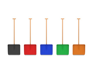 Five colored snow shovel 3d render