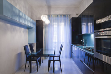Black and light blue furniture of the kitchen in a modern home