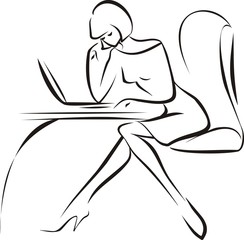 business young woman sitting in the office with laptop sketch