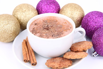 Cup of hot cocoa, cinnamon cookies and christmas decoration