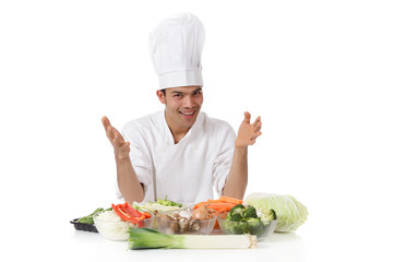 Young nepalese man chef, fresh vegetables