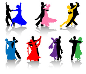 Silhouettes of ballet dancers in various colors