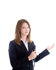 Fototapeta premium Smiling White Woman Holding Wireless Microphone Gesturing