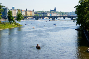 Boats on the Vltava river. Prague