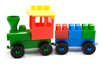 plastic train made from colorful building blocks