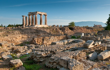 Temple of Apollo amidst the ruins of Ancient Corinth, Greece - obrazy, fototapety, plakaty