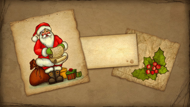 Christmas greeting card with drawing of Santa Claus