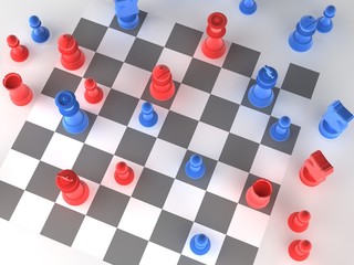 A played out set of chess - blue & red