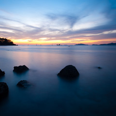 Fototapeta na wymiar Sunset Long Exposure Ocean Rocks