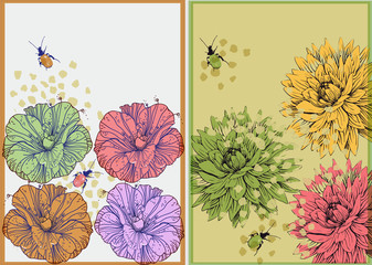 set of 2 vector card with fantasy  flowers and bugs