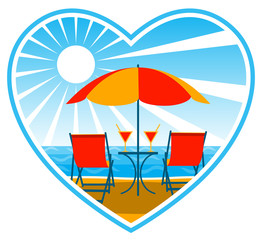 deckchairs on beach in heart