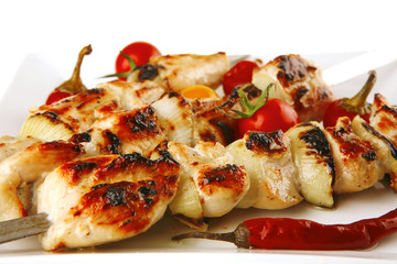 roasted chicken kebab on white