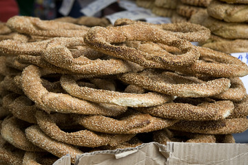 Fototapeta na wymiar Koulouri - circular Greek bread with sesame seeds