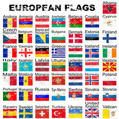 Set of grunge European flags, complete collection