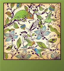 floral card with flowers, birds and a chameleon