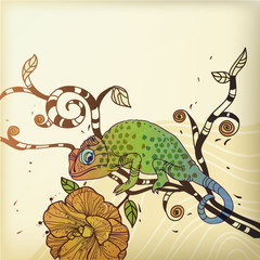 vector background with a chameleon and a desert flower - 28293368