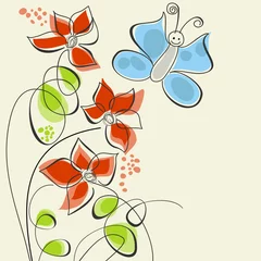 Fotobehang Abstracte bloemen Schattige bloemen en vlinder