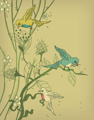 vector tree with colored birds and flowers
