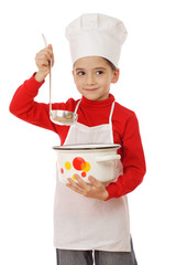 Smiling little chief-cooker with ladle and pot